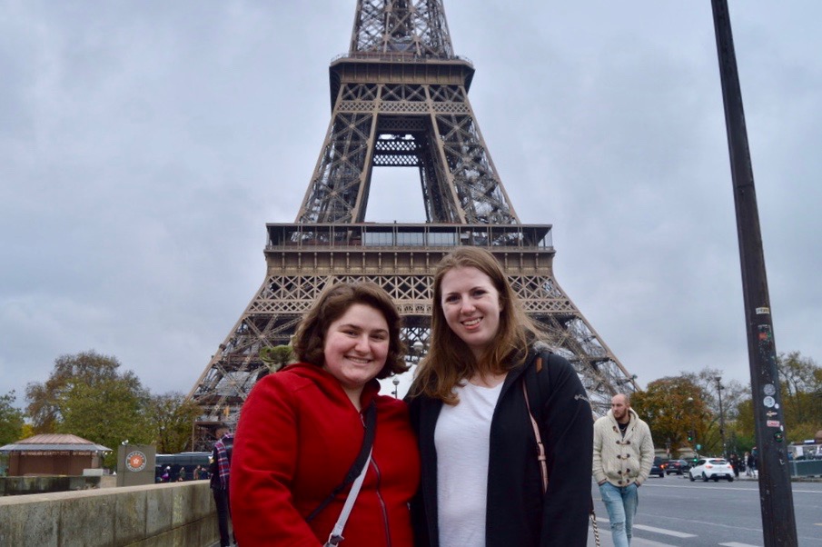 Maria and Colleen in front of the Eiffel Tower.