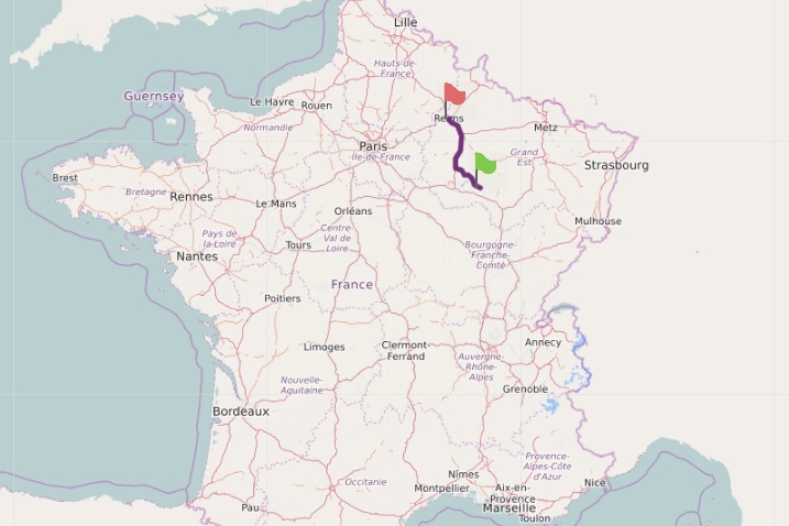Map of France showing the distance between Reims and Bar-sur-Aube.