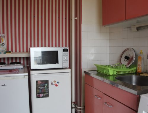 A view of a small apartment kitchen in Reims, France. The walls have striped pink wallpaper and the cabinets are pink.