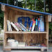 Small, free library filled with colorful books.