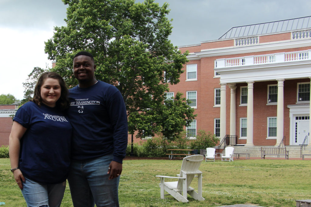 Jalen and Maria sporting alumni shirts at the University of Mary Washington.