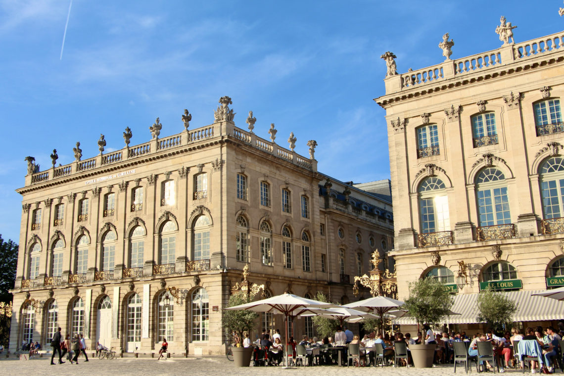 A view from Place Stanislas of an outdoor café in Nancy, France.