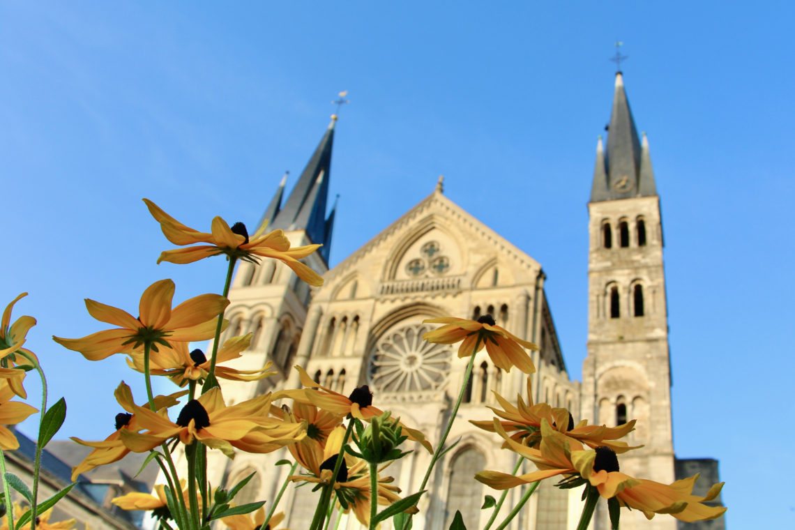 Yellow flowers in front of the Saint Remi Basilica in Reims, France.