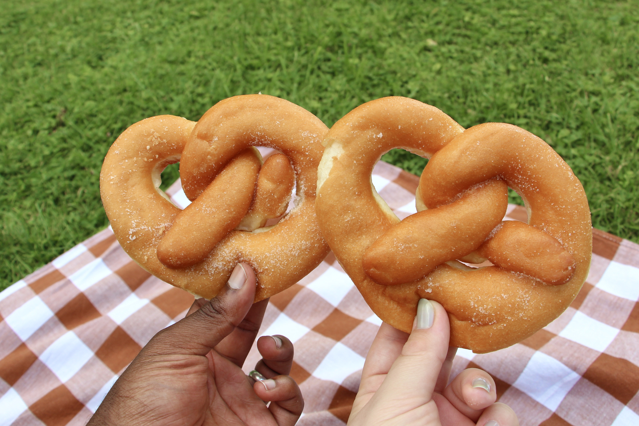 Jalen and Maria hold sugar pretzels over a brown and white checkered picnic blanket.
