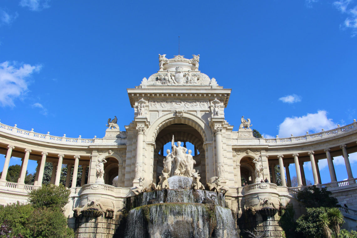 A view of the fountain at the Palais Longchamp in Marseille, France.