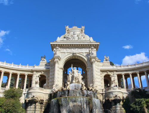 A view of the fountain at the Palais Longchamp in Marseille, France.
