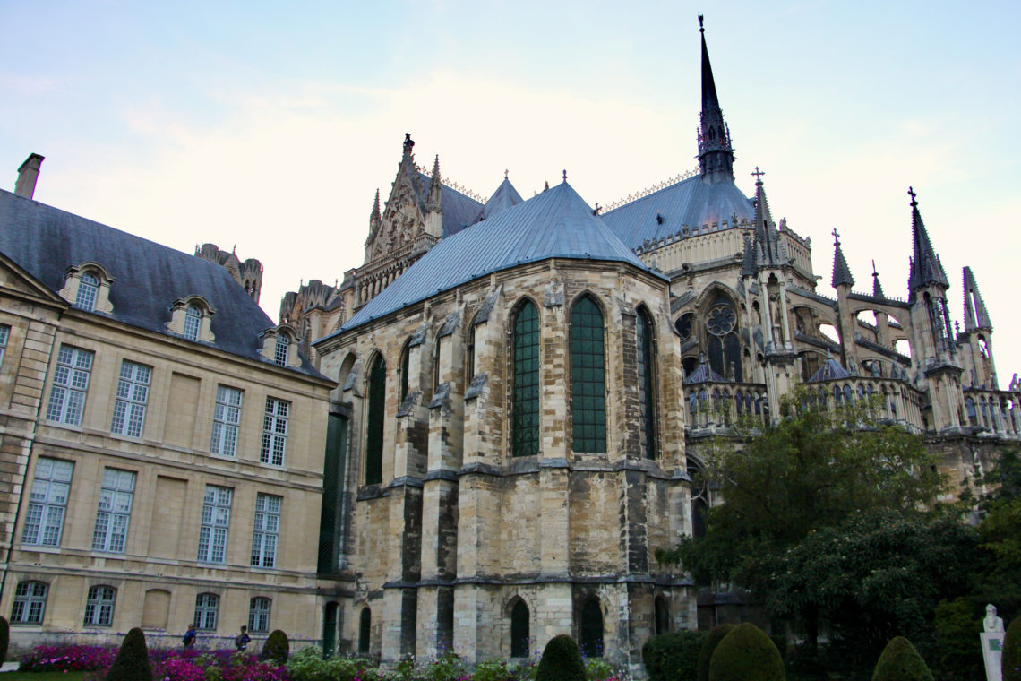 A view of the Cathédrale de Reims from the gardens in the late afternoon.