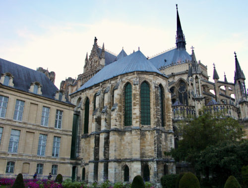 A view of the Cathédrale de Reims from the gardens in the late afternoon.