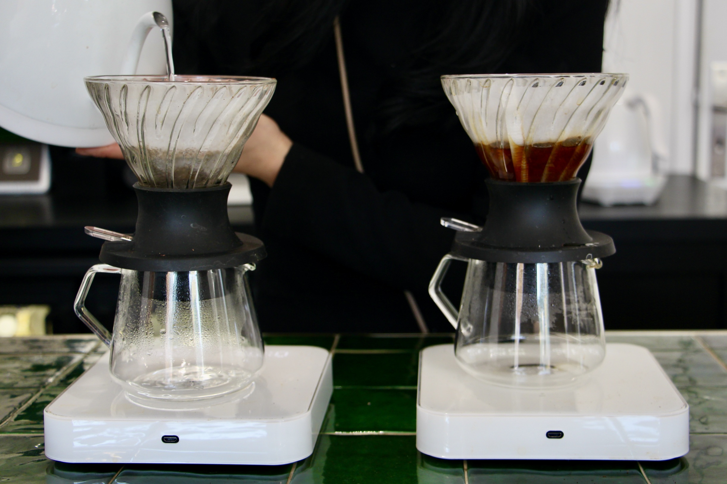 Two coffees in the process of brewing at Moklair.