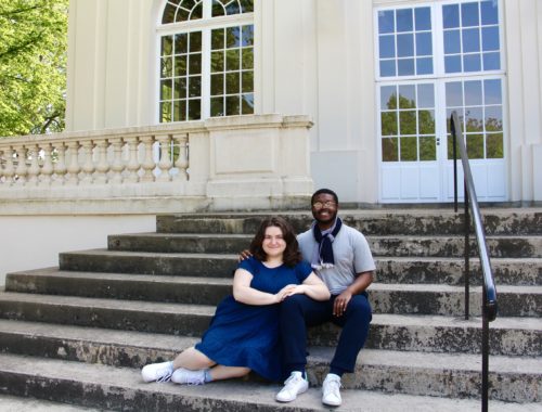 Maria and Jalen sitting on the steps in the Parc Pierre-Schneiter in Reims, France.