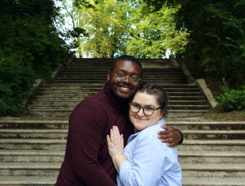 Jalen and Maria embrace in the Parc de Champagne in Reims, France.