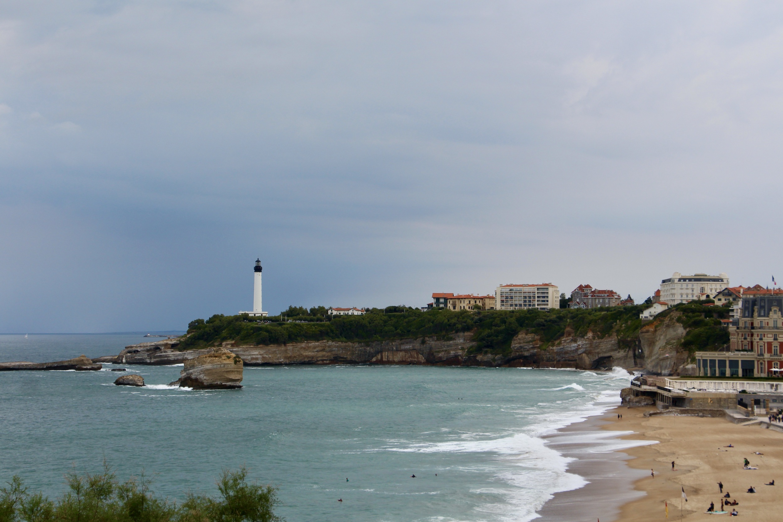 A view of the Grande Plage and the Phare in Biarritz, France.
