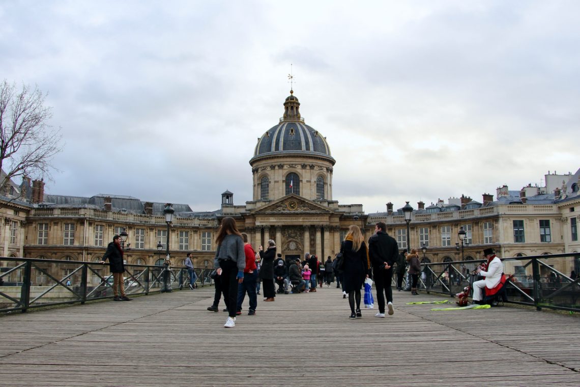 A view of the front of the Institut de France in Paris, France.