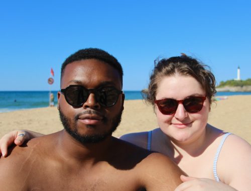 Jalen and Maria on the Grande Plage in Biarritz, France.