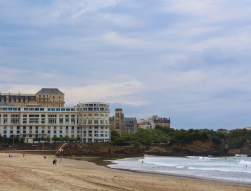A view of the Centre de Congrès Bellevue from the Grande Plage in Biarritz, France.