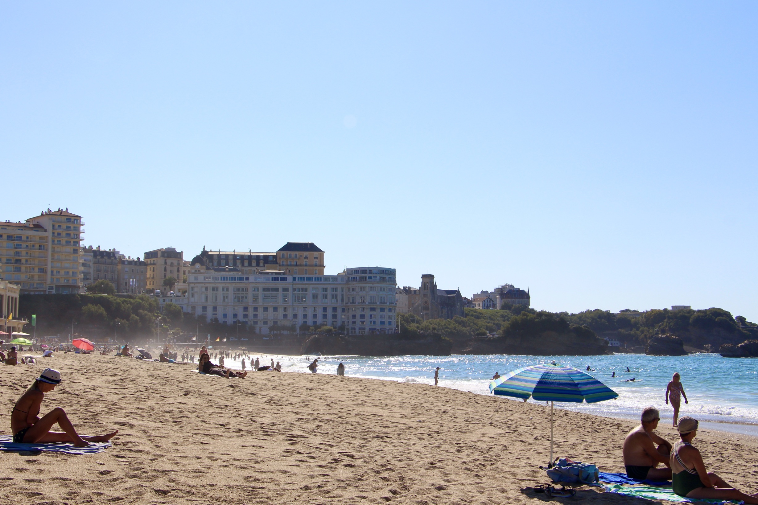 A sunny day at the Grande Plage in Biarritz, France.