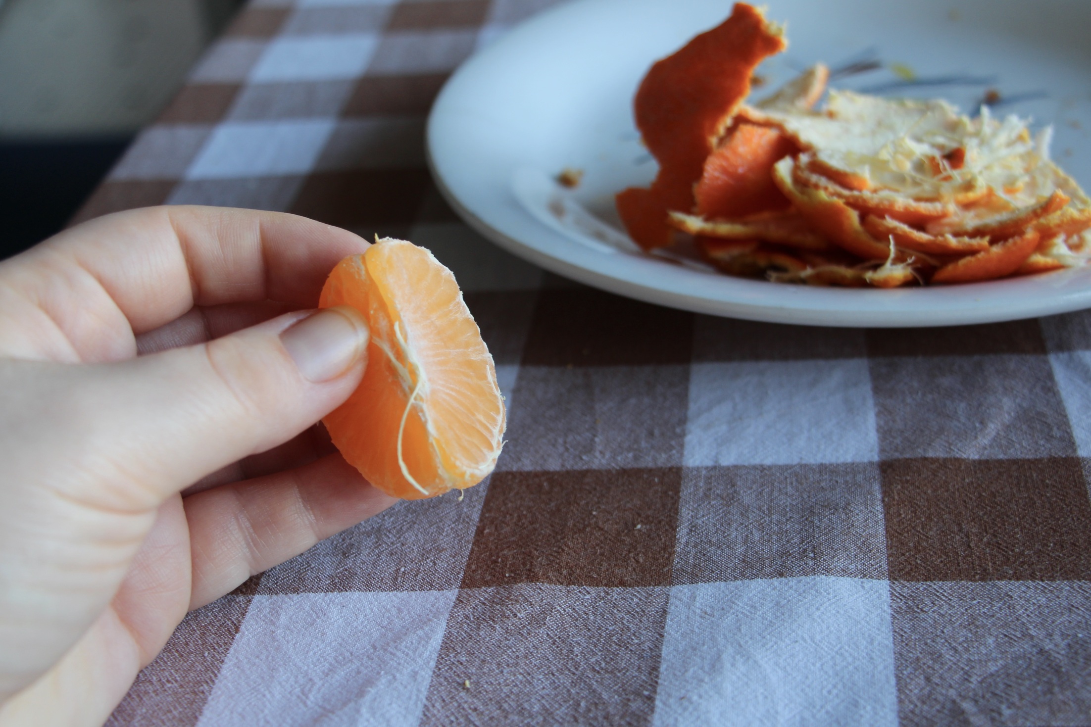 Maria holds two sections of a clementine with the peel on a plate in the background.