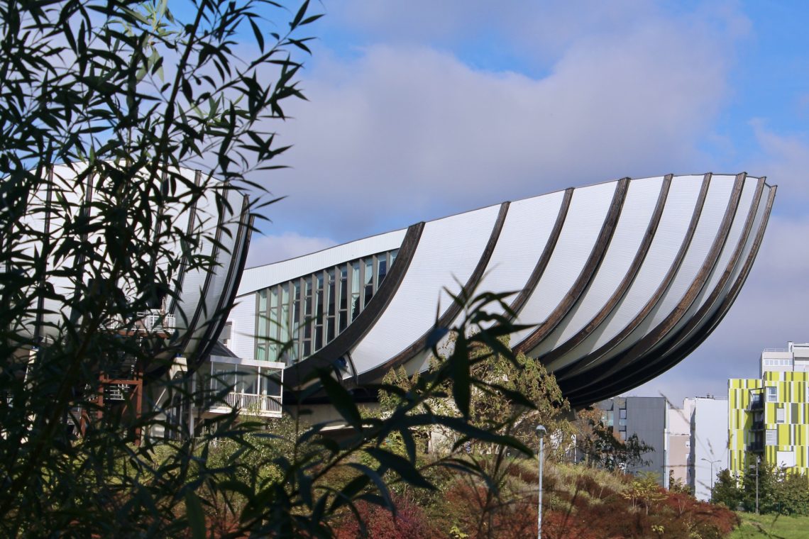 A view of the amphitheaters on URCA's campus through some foliage.