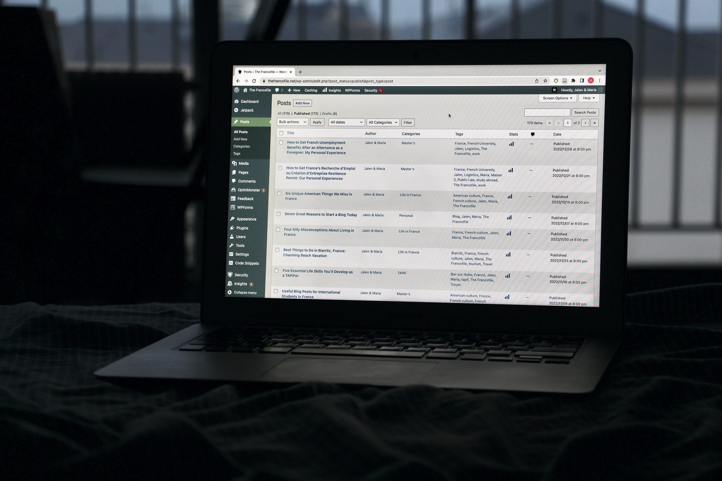 A view of The Francofile's WordPress dashboard.