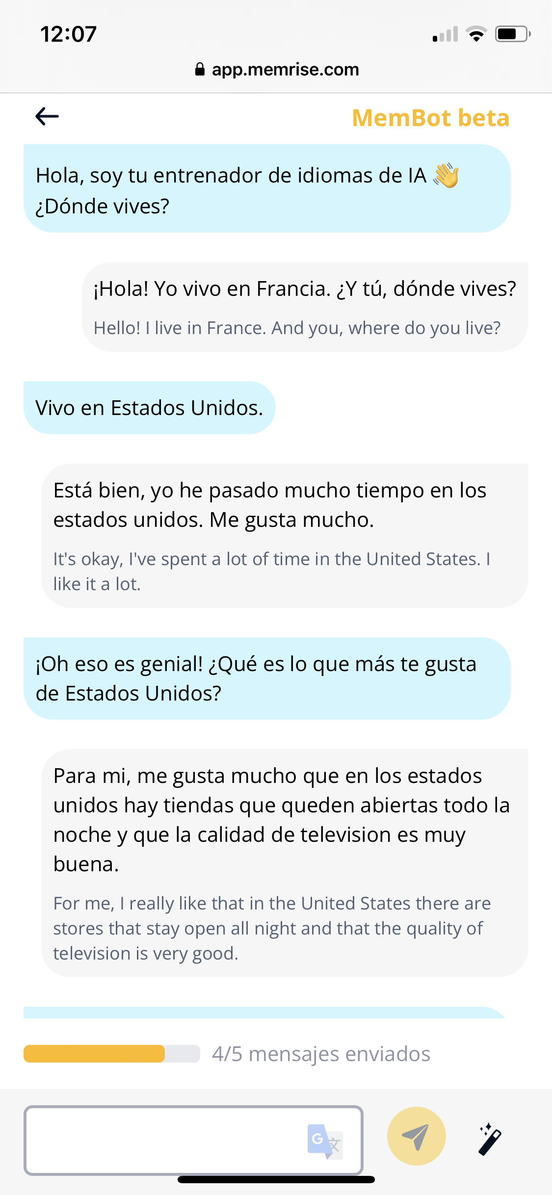 A screenshot of Jalen's conversation with MemBot.
