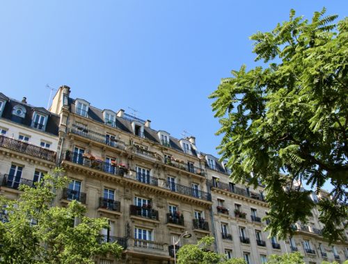 Parisian buildings against a clear, blue, summer sky in Paris, France.