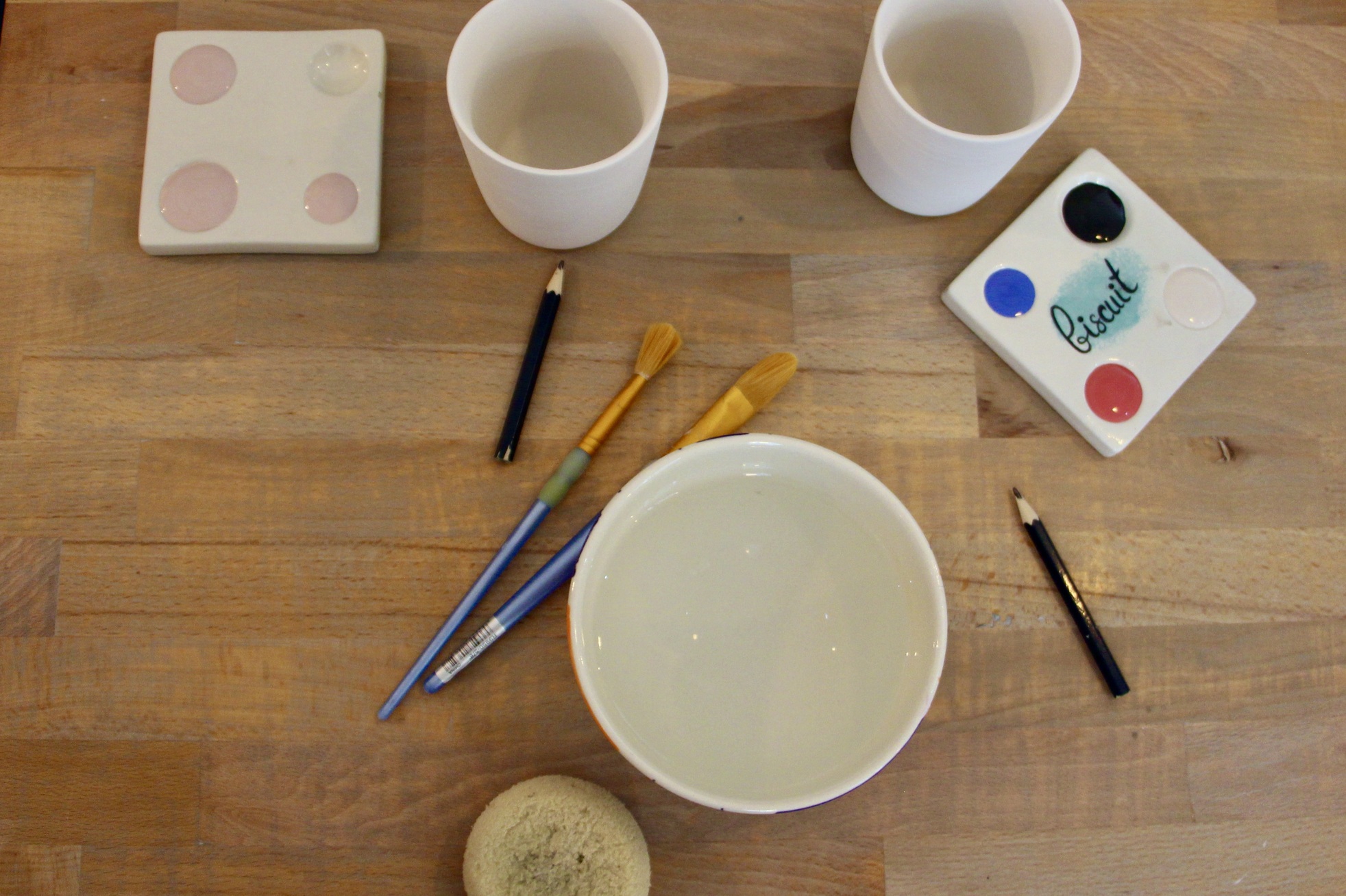 Materials for pottery painting.