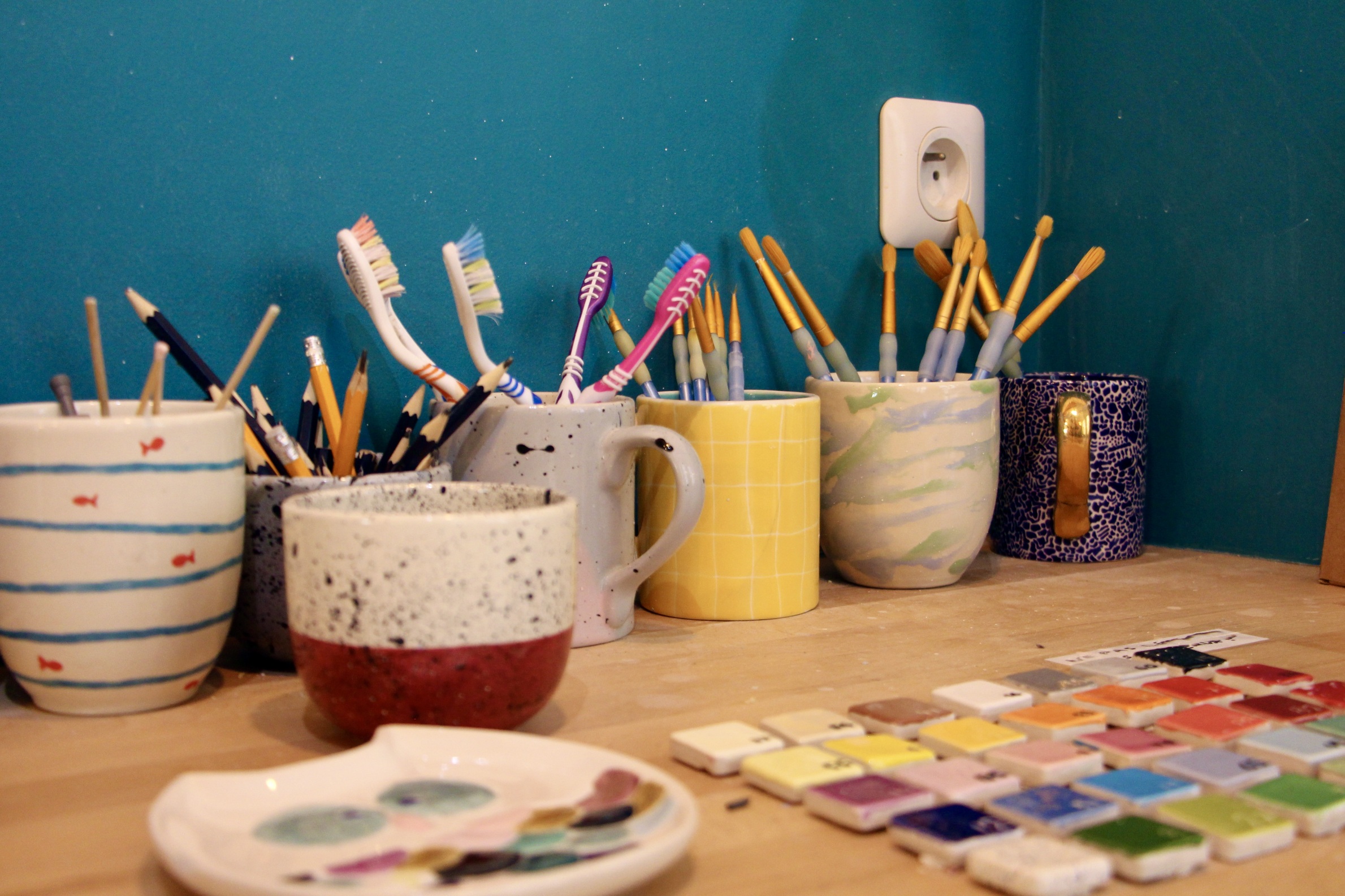 Materials for pottery painting.