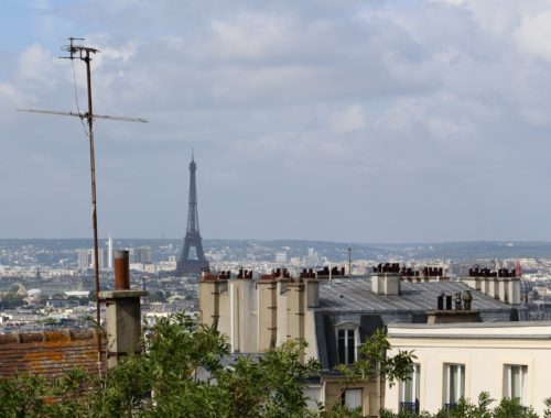 A view of the Eiffel Tower and the Parisian skyline from Montmartre in Paris, France.